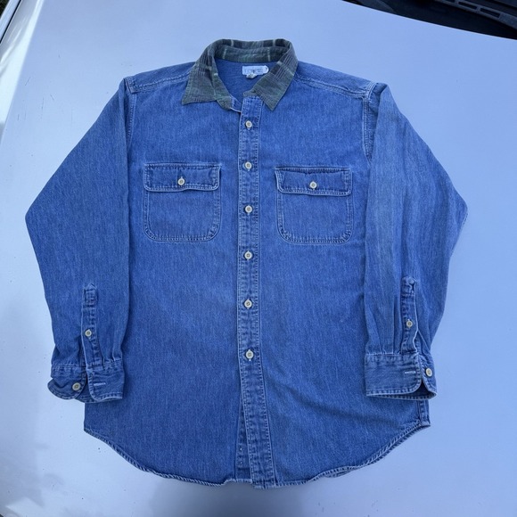 VTG J.Crew Denim Chore Barn Hunting Jacket Medium 100% Cotton Plaid Collar